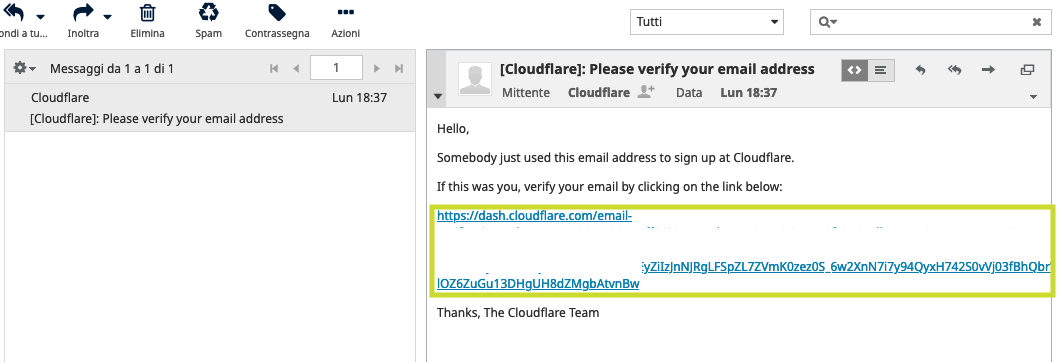 Cloudflare - link attivazione profilo<br>